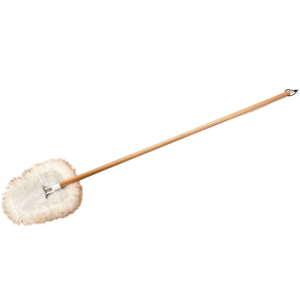 Handcrafted lamb's wool wedge mop with natural lanolin on a wooden handle, designed as a dust magnet for floors, walls, and ceilings, ideal for Home & Decor and Household Cleaning collections.