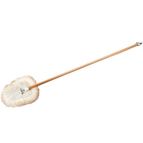 Handcrafted lamb's wool wedge mop with natural lanolin on a wooden handle, designed as a dust magnet for floors, walls, and ceilings, ideal for Home & Decor and Household Cleaning collections.