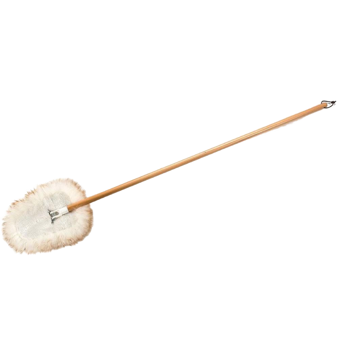 Handcrafted lamb's wool wedge mop with natural lanolin on a wooden handle, designed as a dust magnet for floors, walls, and ceilings, ideal for Home & Decor and Household Cleaning collections.