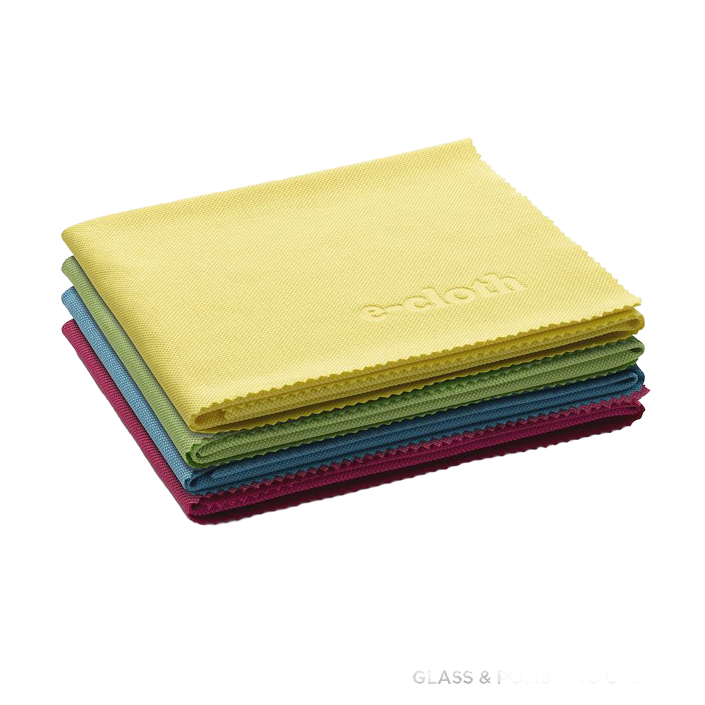 Stack of four colorful glass and polishing cloths in yellow, green, blue, and red shades, ideal for streak-free cleaning in Household Cleaning and Home & Decor collections.