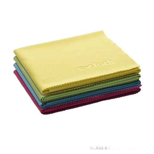 Stack of four colorful glass and polishing cloths in yellow, green, blue, and red shades, ideal for streak-free cleaning in Household Cleaning and Home & Decor collections.