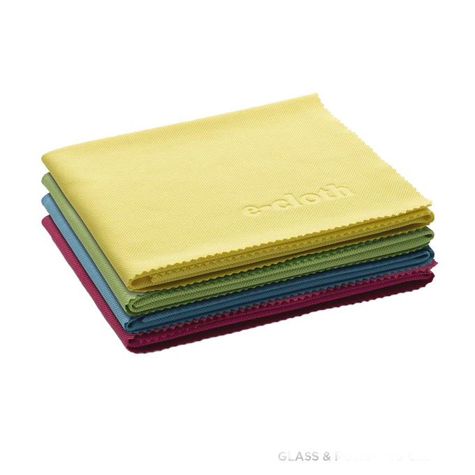 Stack of four colorful glass and polishing cloths in yellow, green, blue, and red shades, ideal for streak-free cleaning in Household Cleaning and Home & Decor collections.