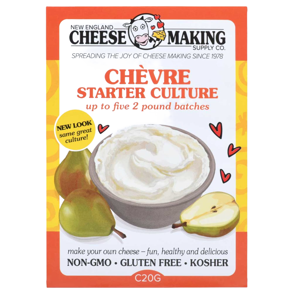 Colorful package of chèvre starter culture featuring a bowl of creamy goat cheese surrounded by pears, promoting a fun and healthy DIY cheese experience for Kitchen & Food, Specialty Equipment, and DIY Cheese and Yogurt collections.