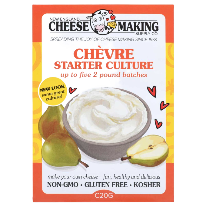 Colorful package of chèvre starter culture featuring a bowl of creamy goat cheese surrounded by pears, promoting a fun and healthy DIY cheese experience for Kitchen & Food, Specialty Equipment, and DIY Cheese and Yogurt collections.