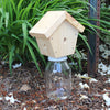 Handcrafted pine wood carpenter bee trap with a natural finish mounted on a clear glass jar, designed for outdoor pest control, made in the USA, part of Farm, Garden & Tool and Amish Made collections.