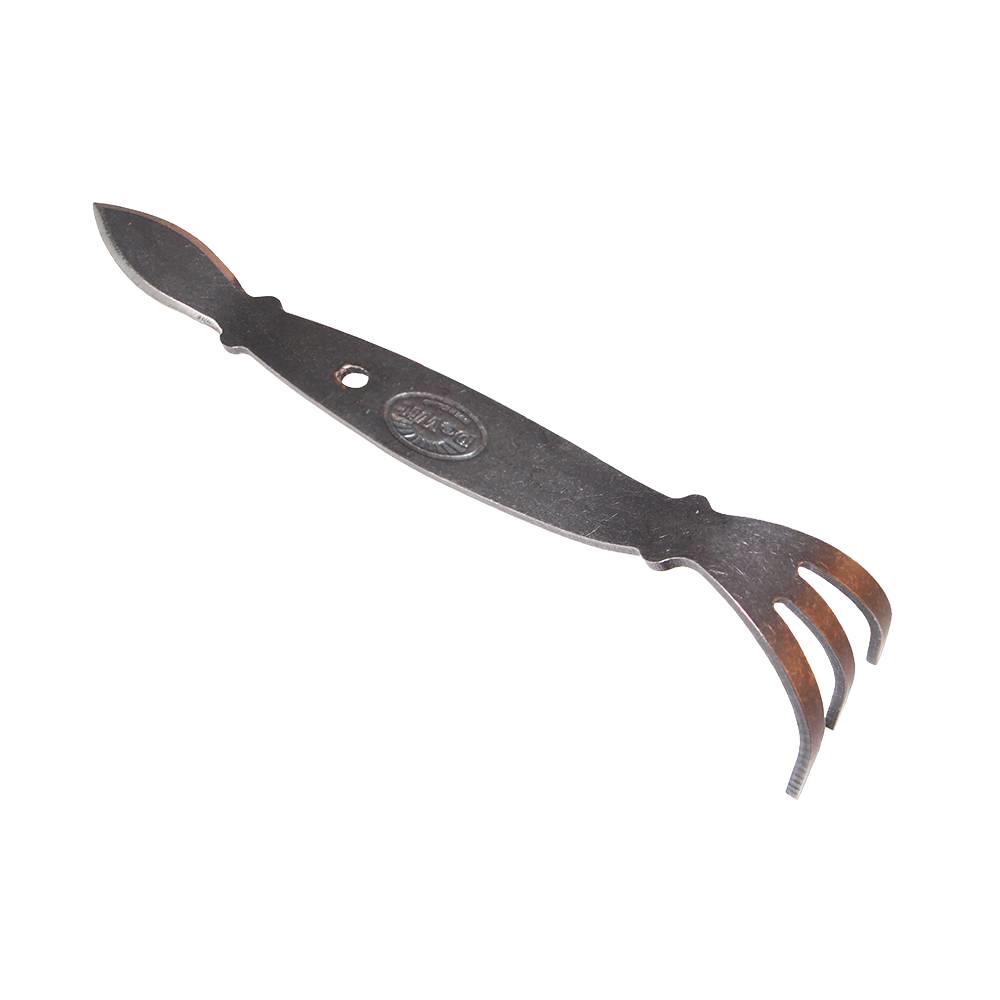 Strong, sleek all-steel hand cultivator with a pointed blade on one end and a three-pronged claw on the other, designed for precise gardening tasks in farm, garden, and digging collections.