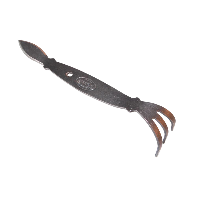 Strong, sleek all-steel hand cultivator with a pointed blade on one end and a three-pronged claw on the other, designed for precise gardening tasks in farm, garden, and digging collections.