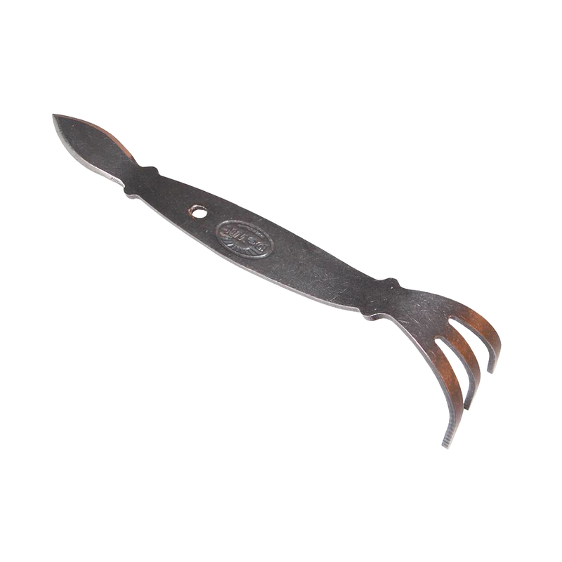 Strong, sleek all-steel hand cultivator with a pointed blade on one end and a three-pronged claw on the other, designed for precise gardening tasks in farm, garden, and digging collections.