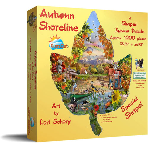 Puzzle box featuring an eco-friendly, handcrafted autumn leaf-shaped jigsaw with 1,000 pieces, showcasing a scenic lakeside fall landscape, from Toys, Books & Games and USA Made collections.