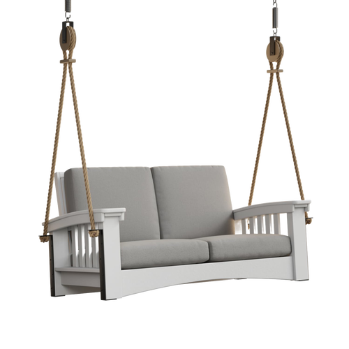 Handcrafted 6 ft porch swing with durable painted cypress frame, thick gray cushions, and sturdy rope suspension, made in the USA, ideal for Home & Decor, Outdoor Furniture, Amish Made, and Best Sellers collections.