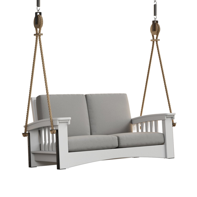 Handcrafted 6 ft porch swing with durable painted cypress frame, thick gray cushions, and sturdy rope suspension, made in the USA, ideal for Home & Decor, Outdoor Furniture, Amish Made, and Best Sellers collections.