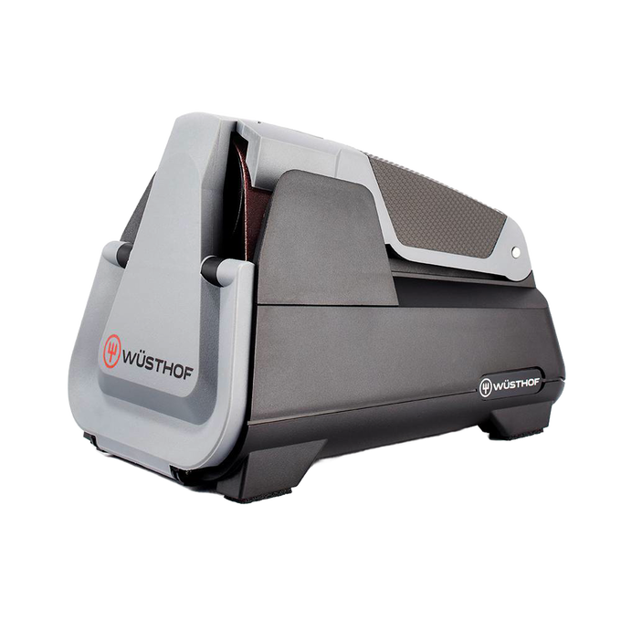 Compact electric sharpener with coarse belt in place and additional belts stored inside, designed for precision knife sharpening, ideal for Farm, Garden & Tool, Kitchen & Food, Knives & Axes, Sharpening, and USA Made collections.