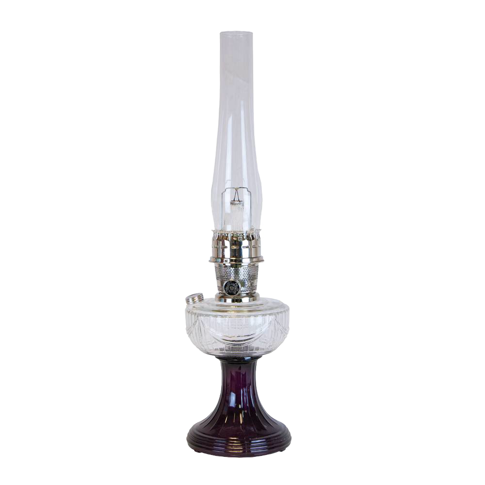 Handcrafted oil lamp featuring a clear glass font over a deep amethyst pedestal base, with a tall glass chimney, perfect for Lamps & Lighting, Oil Lamps, and Table Lamps collections.