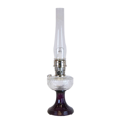Handcrafted oil lamp featuring a clear glass font over a deep amethyst pedestal base, with a tall glass chimney, perfect for Lamps & Lighting, Oil Lamps, and Table Lamps collections.
