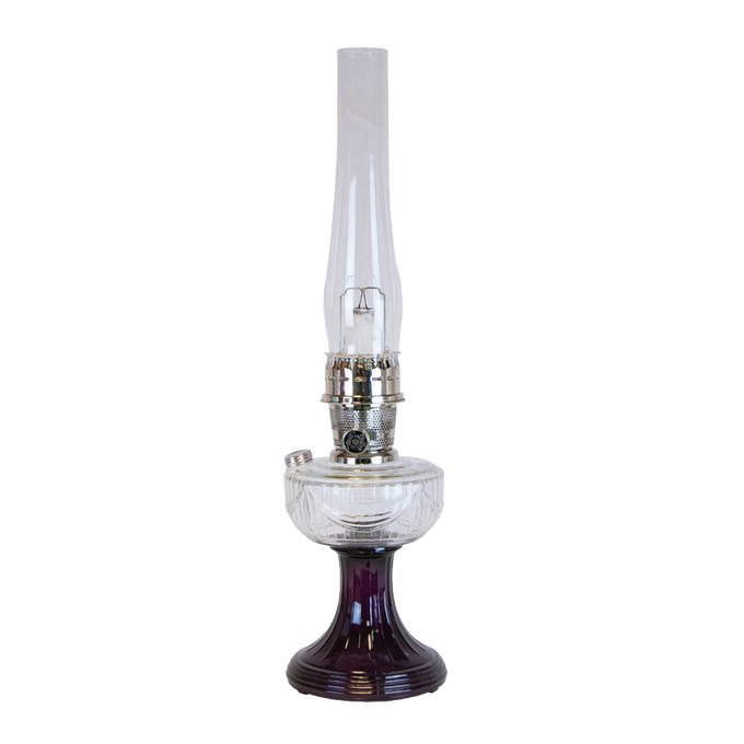 Handcrafted oil lamp featuring a clear glass font over a deep amethyst pedestal base, with a tall glass chimney, perfect for Lamps & Lighting, Oil Lamps, and Table Lamps collections.