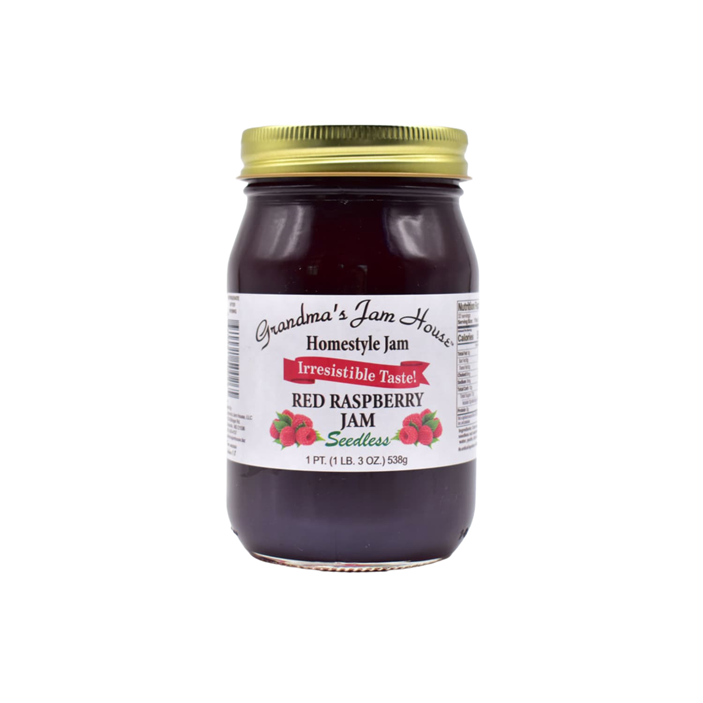 Handcrafted jar of red raspberry seedless jam with gold lid and white label featuring raspberry illustrations, made in USA, ideal for Kitchen & Food, Pantry, Peanut Butter & Jellies, Best Sellers, and Promo Eligible collections.