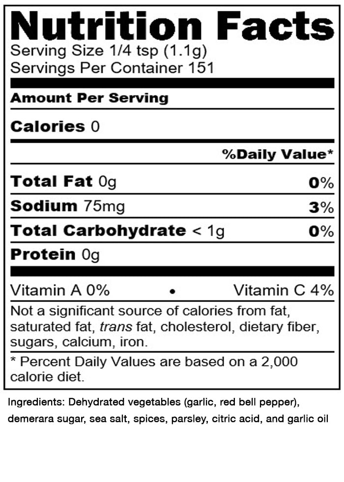 Close-up of nutrition label showing zero calories, 75mg sodium, less than 1g carbohydrates per serving, with ingredients including dehydrated garlic, red bell pepper, sugar, sea salt, spices, parsley, citric acid, and garlic oil, ideal for Kitchen & Food, Pantry, and Best Sellers collections.