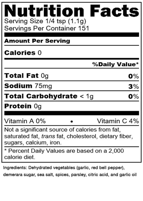 Close-up of nutrition label showing zero calories, 75mg sodium, less than 1g carbohydrates per serving, with ingredients including dehydrated garlic, red bell pepper, sugar, sea salt, spices, parsley, citric acid, and garlic oil, ideal for Kitchen & Food, Pantry, and Best Sellers collections.