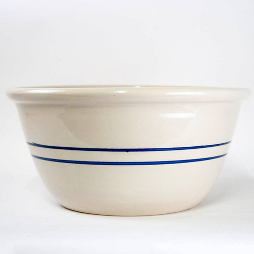 Handcrafted 16-inch stoneware mixing bowl with two blue stripes and a creamy off-white finish, made in USA, ideal for Kitchen & Food, Cookware, Baking Supplies, Storage and Serving collections.