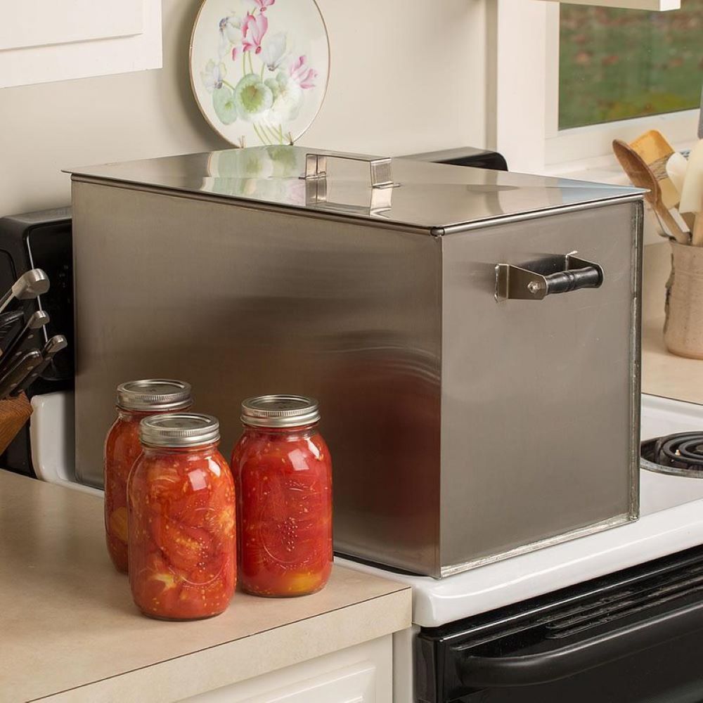 Handcrafted stainless steel stovetop water bath canner made in the USA, suitable for preserving large garden harvests; featured in Farm, Garden & Tool and Food Preservation collections.