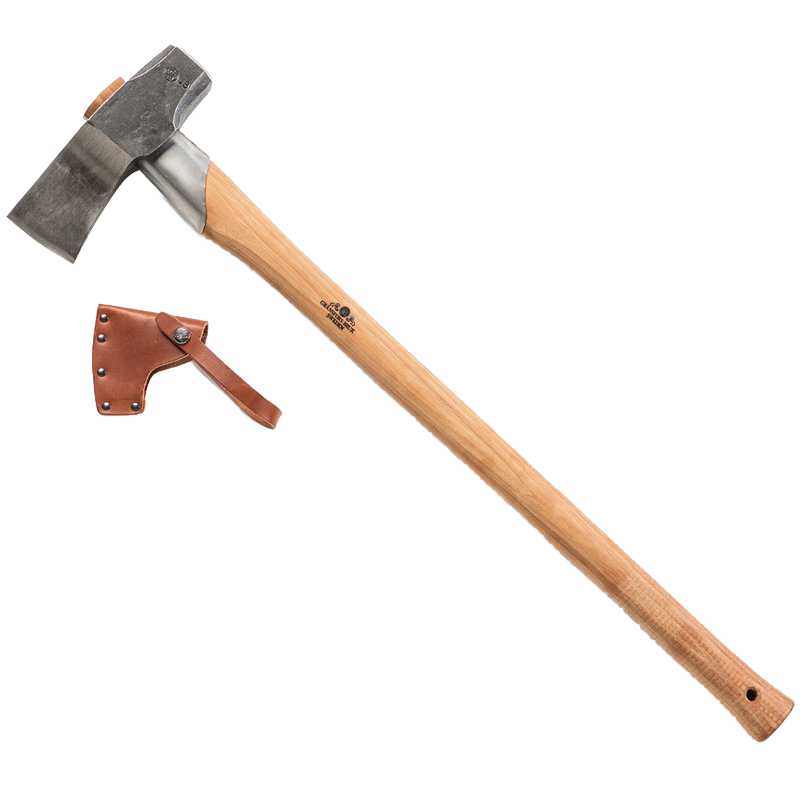 Handcrafted splitting maul with a sharp forged steel head and wooden handle, including a leather sheath, ideal for Farm, Garden & Tool, Knives & Axes, Axes, and Wood Cutting and Hauling collections.
