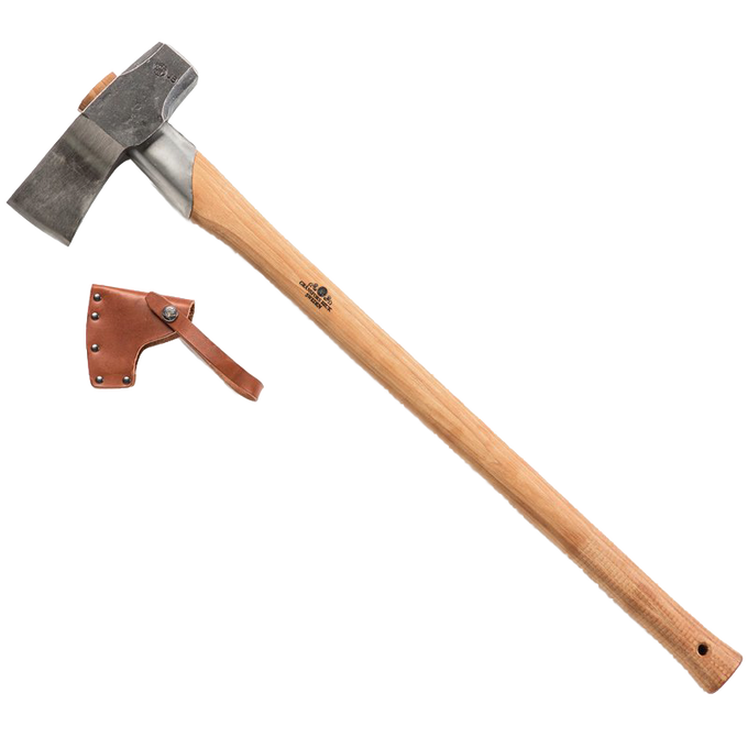 Handcrafted splitting maul with a sharp forged steel head and wooden handle, including a leather sheath, ideal for Farm, Garden & Tool, Knives & Axes, Axes, and Wood Cutting and Hauling collections.