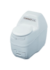Compact self-contained composting toilet with a low profile design in white, featuring a built-in heating element and fan, suitable for appliances and best sellers collections.