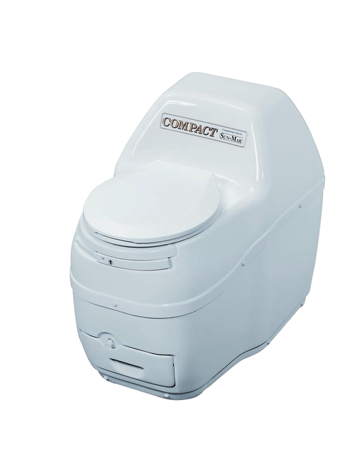 Compact self-contained composting toilet with a low profile design in white, featuring a built-in heating element and fan, suitable for appliances and best sellers collections.