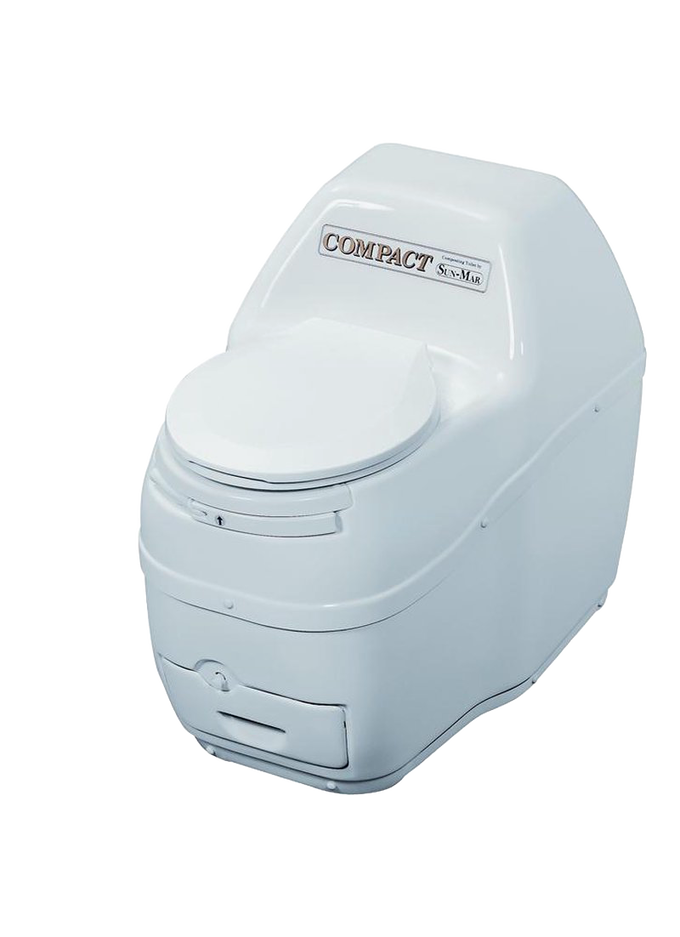Compact self-contained composting toilet with a low profile design in white, featuring a built-in heating element and fan, suitable for appliances and best sellers collections.