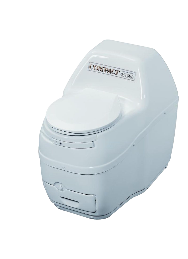 Compact self-contained composting toilet with a low profile design in white, featuring a built-in heating element and fan, suitable for appliances and best sellers collections.