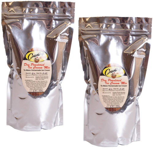 Two silver foil pouches of dry powdered ice cream mix for homemade ice cream, featured in Kitchen & Food, Dry Goods and Mixes, Specialty Equipment, Making Ice Cream, USA Made, and Best Sellers collections.