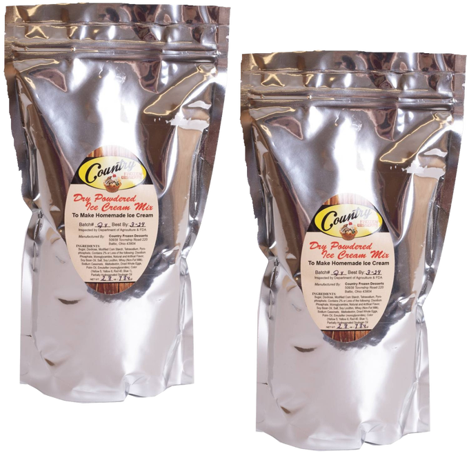 Two silver foil pouches of dry powdered ice cream mix for homemade ice cream, featured in Kitchen & Food, Dry Goods and Mixes, Specialty Equipment, Making Ice Cream, USA Made, and Best Sellers collections.