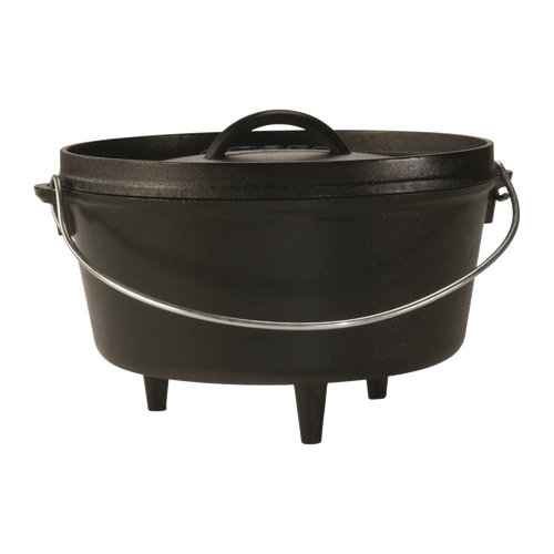 Handcrafted cast iron cooking pot with built-in legs and a sturdy handle, designed for versatile outdoor and camping use; featured in Farm, Garden & Tool, Cast Iron, USA Made, and Best Sellers collections.