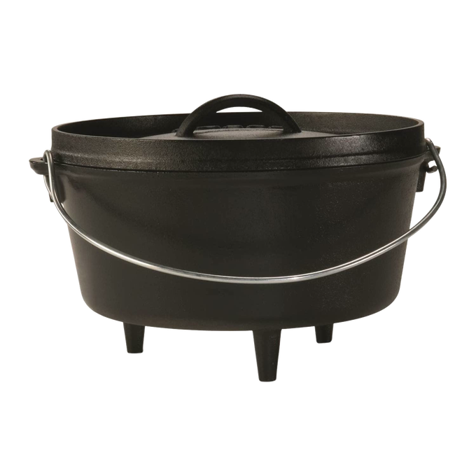Handcrafted cast iron cooking pot with built-in legs and a sturdy handle, designed for versatile outdoor and camping use; featured in Farm, Garden & Tool, Cast Iron, USA Made, and Best Sellers collections.
