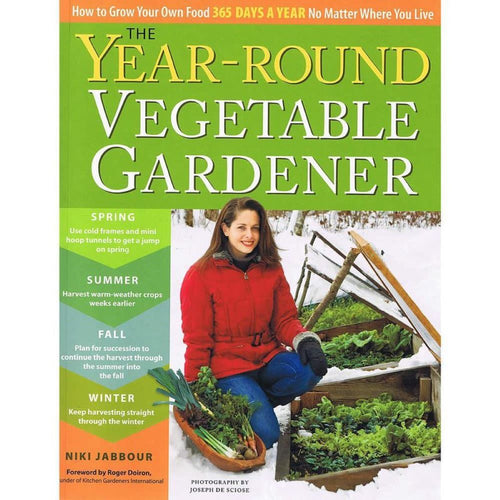 Cover of a year-round vegetable gardening book featuring a woman harvesting fresh greens from a handcrafted cold frame, promoting seasonal growing tips in home and garden how-to books.