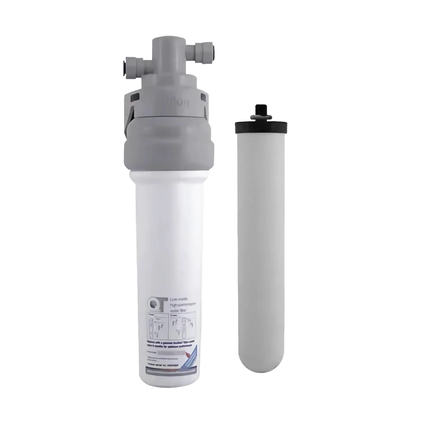 Compact under-sink water filter system with a lightweight ceramic filter cartridge, designed to reduce chlorine, bacteria, and heavy metals, suitable for appliances and emergency supplies collections.