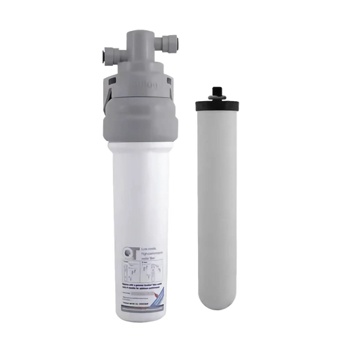 Compact under-sink water filter system with a lightweight ceramic filter cartridge, designed to reduce chlorine, bacteria, and heavy metals, suitable for appliances and emergency supplies collections.