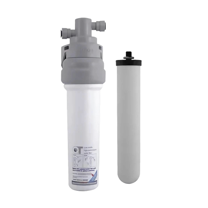 Compact under-sink water filter system with a lightweight ceramic filter cartridge, designed to reduce chlorine, bacteria, and heavy metals, suitable for appliances and emergency supplies collections.