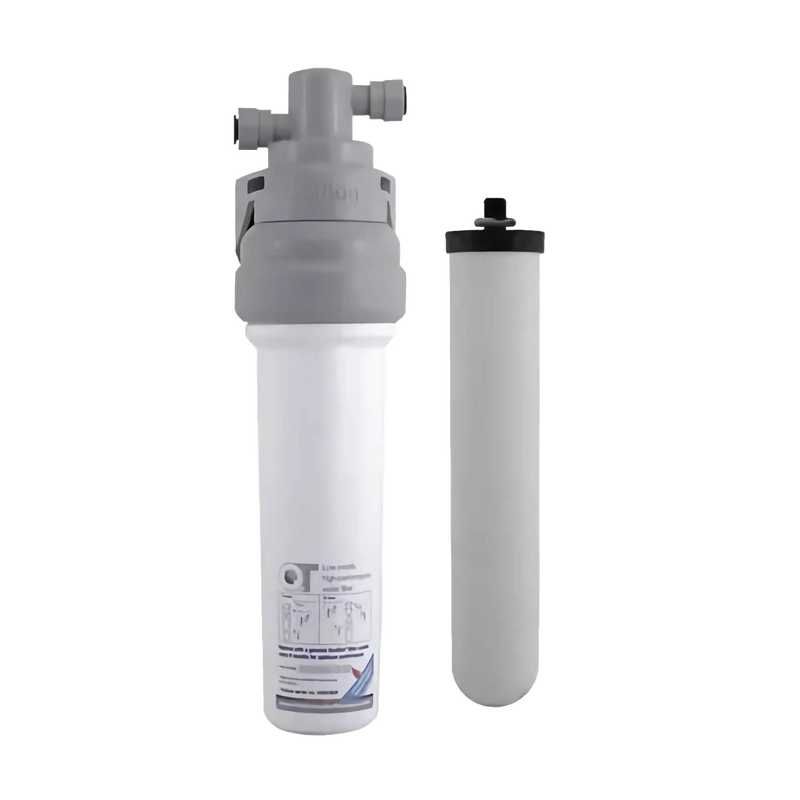 Compact under-sink water filter system with a lightweight ceramic filter cartridge, designed to reduce chlorine, bacteria, and heavy metals, suitable for appliances and emergency supplies collections.