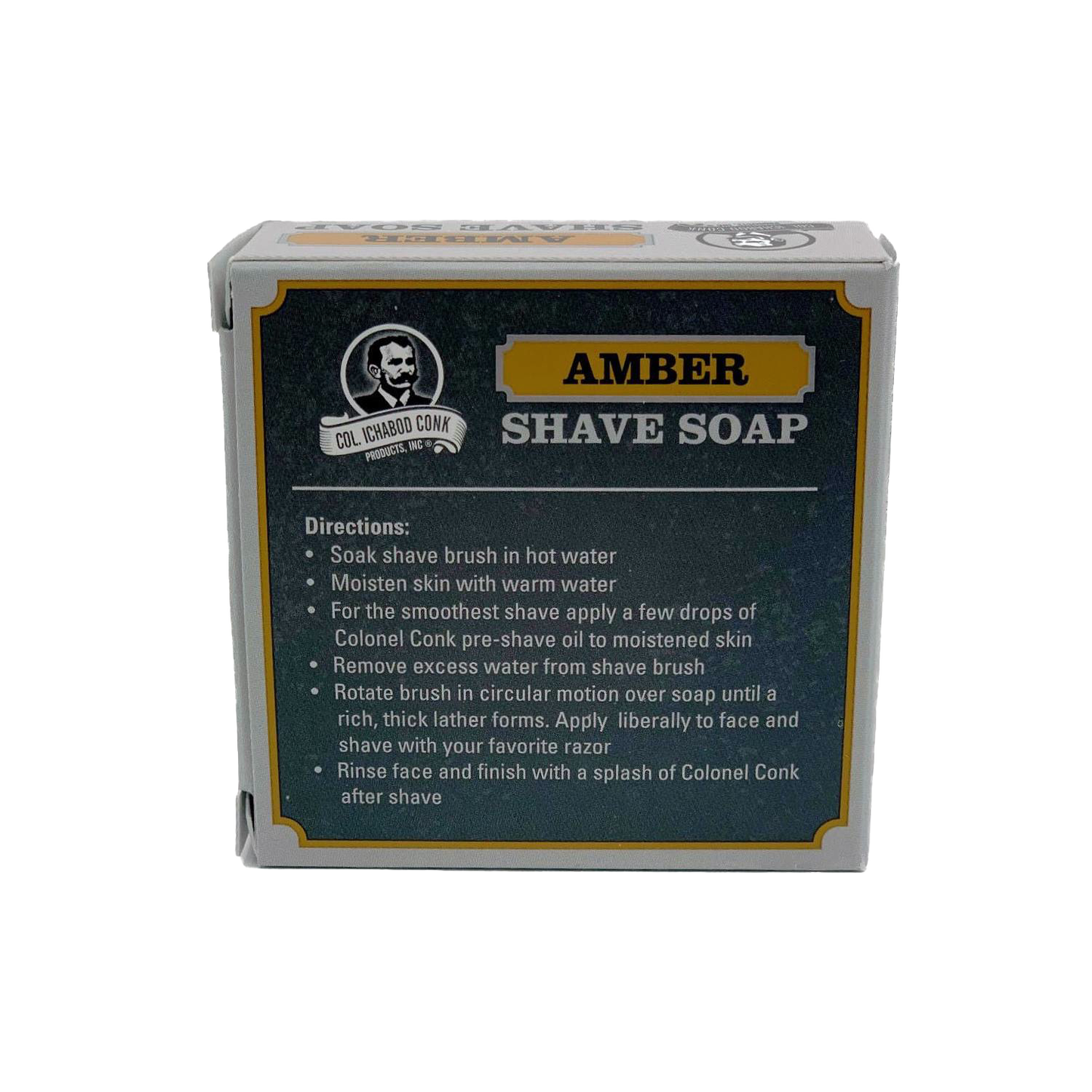 Boxed amber-scented shaving soap featuring moisturizing ingredients like shea butter, avocado oil, and vitamin E, handcrafted in USA, ideal for Health & Wellness, Grooming and Personal Hygiene, Soaps and Soapmaking, USA Made, Best Sellers, Promo Eligible collections.