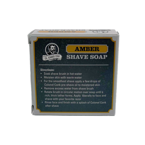 Boxed amber-scented shaving soap featuring moisturizing ingredients like shea butter, avocado oil, and vitamin E, handcrafted in USA, ideal for Health & Wellness, Grooming and Personal Hygiene, Soaps and Soapmaking, USA Made, Best Sellers, Promo Eligible collections.