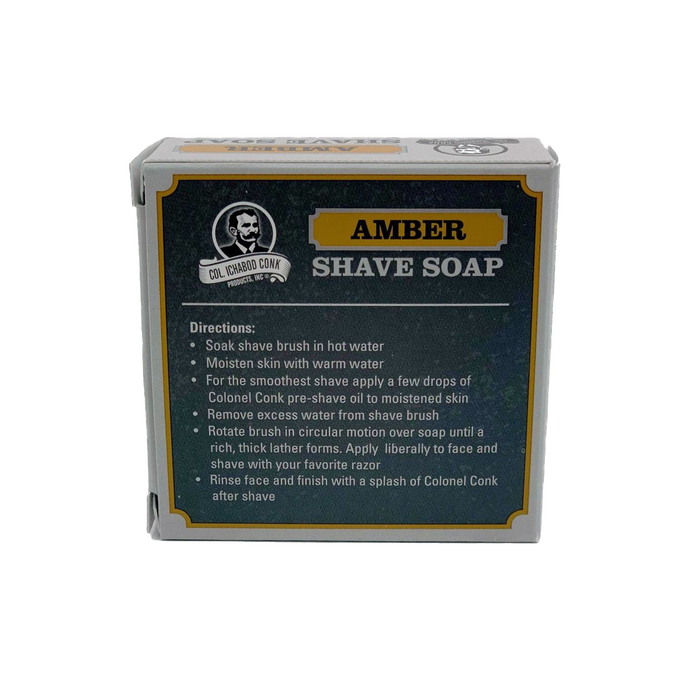 Boxed amber-scented shaving soap featuring moisturizing ingredients like shea butter, avocado oil, and vitamin E, handcrafted in USA, ideal for Health & Wellness, Grooming and Personal Hygiene, Soaps and Soapmaking, USA Made, Best Sellers, Promo Eligible collections.