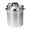 Heavy-duty aluminum 25-quart pressure canner with secure locking lid, dual pressure gauges, and sturdy handles, designed for safe food preservation and kitchen use in USA made collections.
