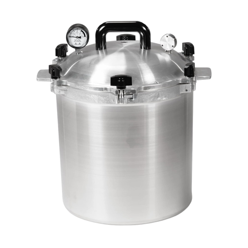 Heavy-duty aluminum 25-quart pressure canner with secure locking lid, dual pressure gauges, and sturdy handles, designed for safe food preservation and kitchen use in USA made collections.