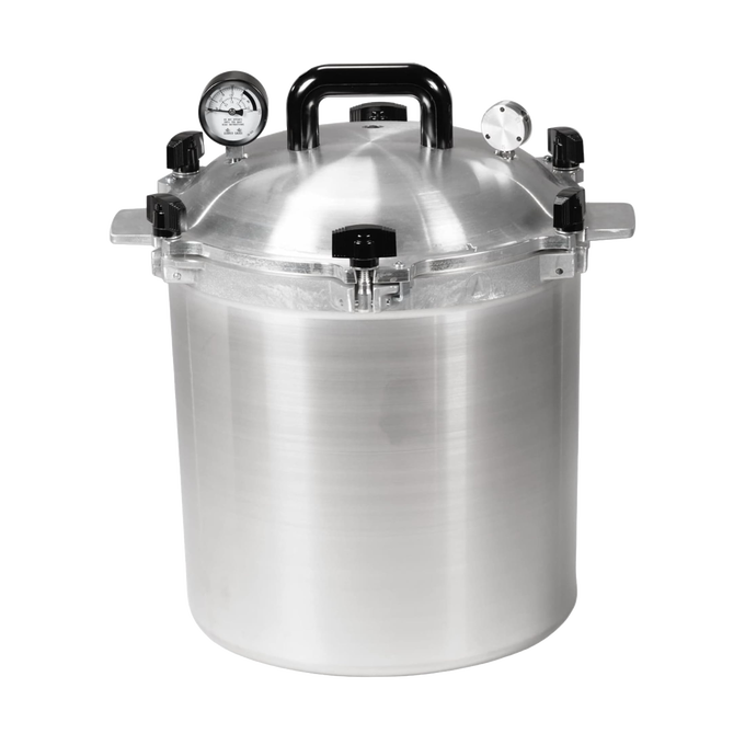 Heavy-duty aluminum 25-quart pressure canner with secure locking lid, dual pressure gauges, and sturdy handles, designed for safe food preservation and kitchen use in USA made collections.