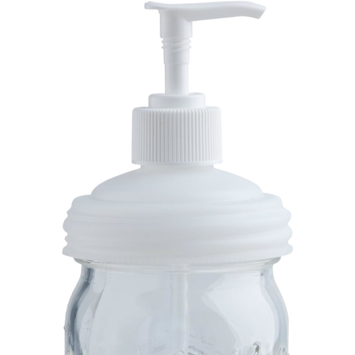 White pump lid designed for regular-mouth mason jars, transforming jars into reusable soap dispensers, made in USA, perfect for Health & Wellness, Home & Decor, and Household Helpers collections.