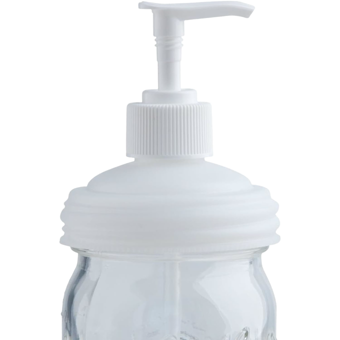White pump lid designed for regular-mouth mason jars, transforming jars into reusable soap dispensers, made in USA, perfect for Health & Wellness, Home & Decor, and Household Helpers collections.