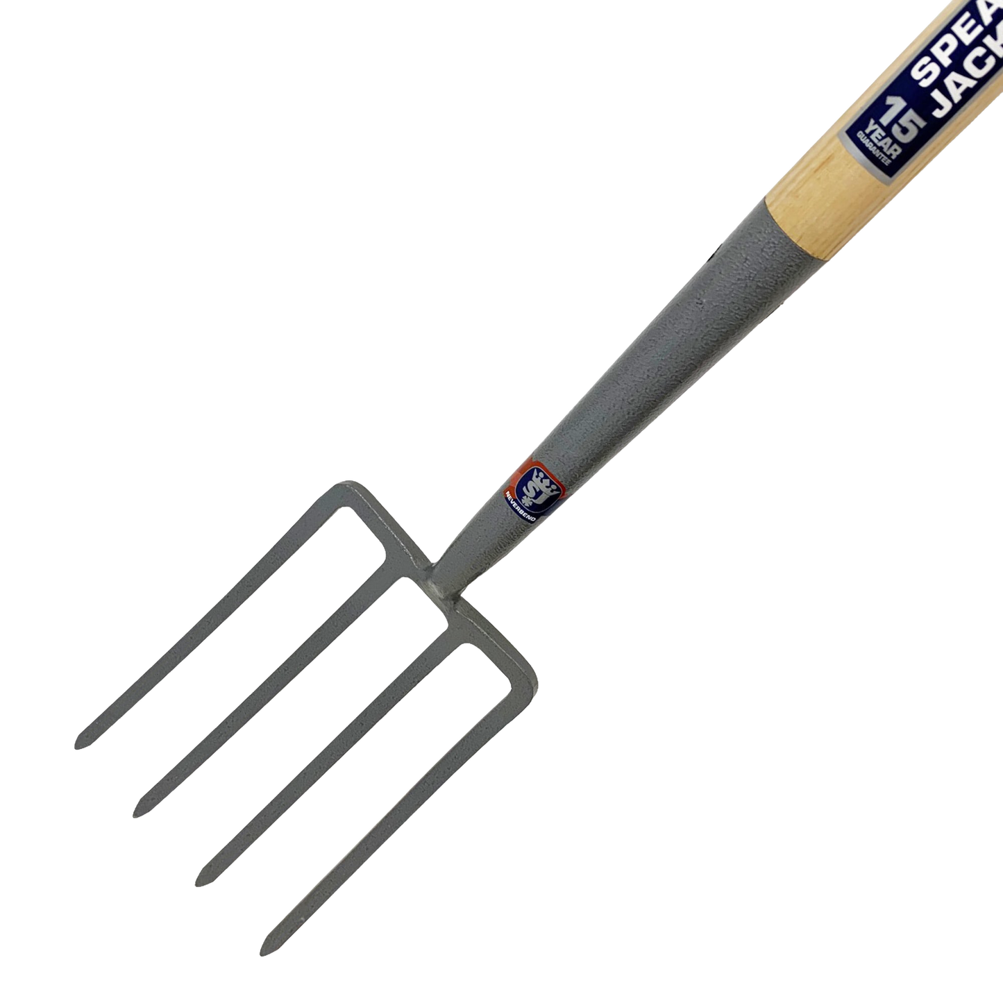 Heavy-duty digging fork with solid forged carbon steel tines and a sturdy wooden handle, designed for farm, garden, and lawn care tasks in Best Sellers and Digging and Cultivating collections.
