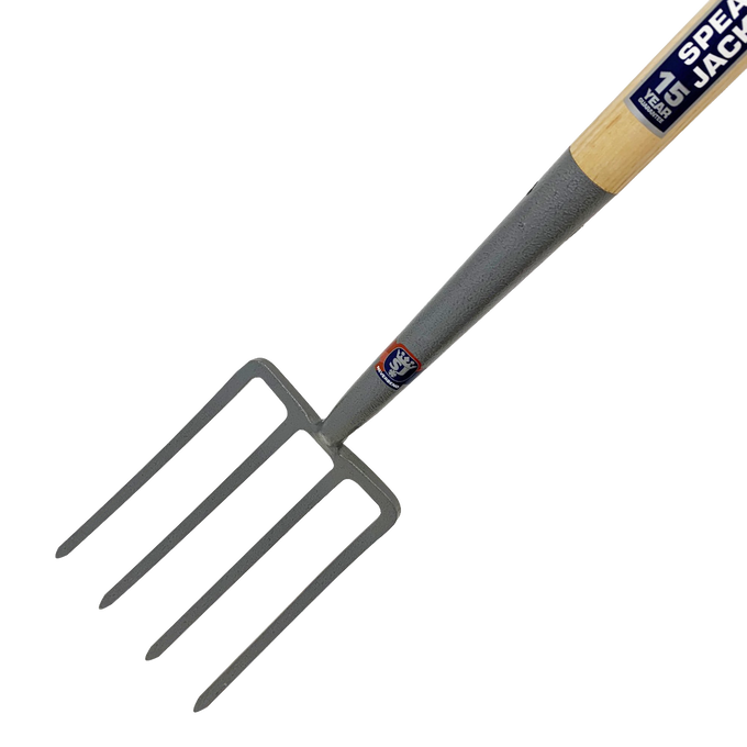 Heavy-duty digging fork with solid forged carbon steel tines and a sturdy wooden handle, designed for farm, garden, and lawn care tasks in Best Sellers and Digging and Cultivating collections.