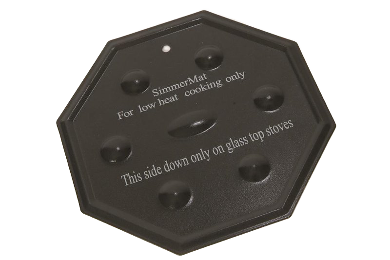 Octagonal black steel heat diffuser disc with raised bumps and engraved instructions for low heat use on glass top stoves, featured in Kitchen & Food and Cooking and Baking Helpers collections.